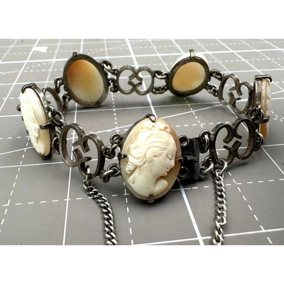 Antique Multiple Shell Cameo Panel Bracelet 800 Silver Box Clasp